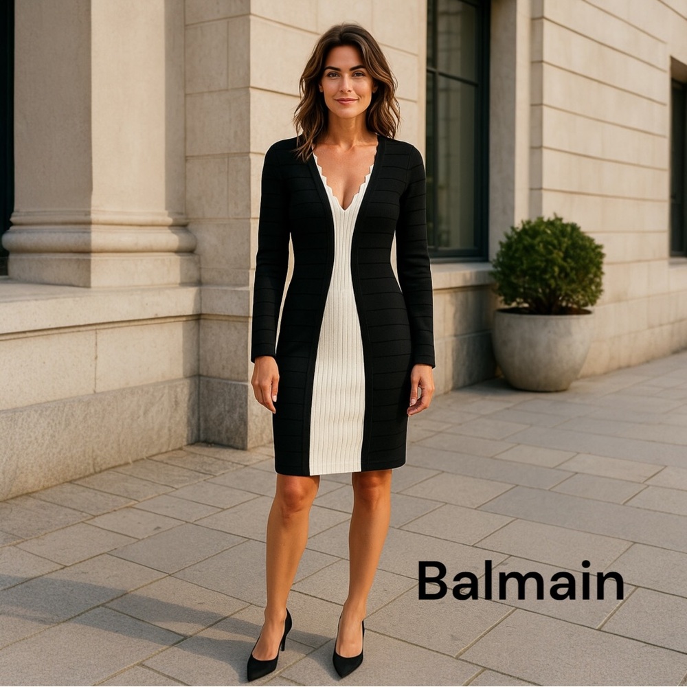 Balmain Black White Knit Dress Stretch Bodycon